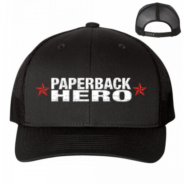 PAPERBACK HERO - LOGO - PREMIUM UNISEX SNAPBACK TRUCKER HAT - BLACK Thumbnail