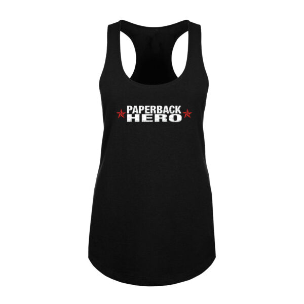 PAPERBACK HERO - LOGO - PREMIUM WOMEN'S RACERBACK TANK TOP - BLACK Thumbnail