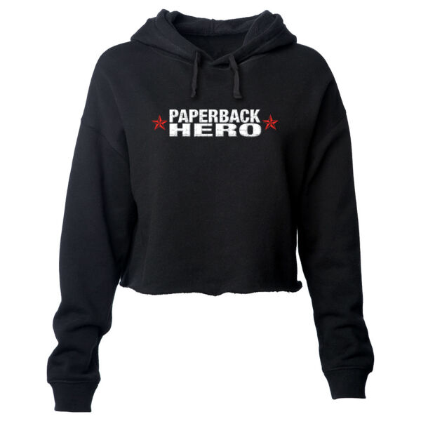 PAPERBACK HERO - LOGO - PREMIUM WOMEN'S CROPPED PULLOVER HOODIE - BLACK Thumbnail